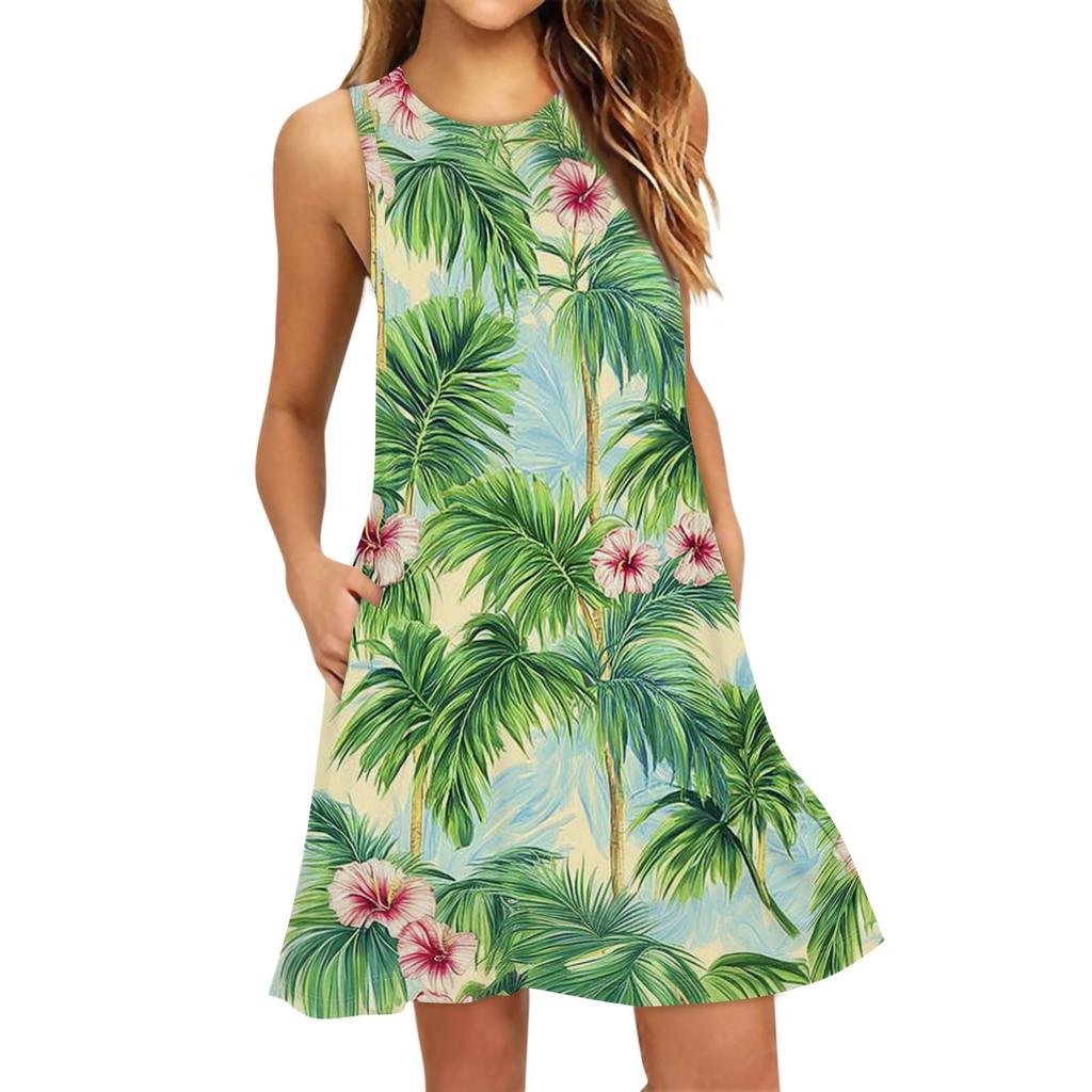 Robe de plage tendance pour femme, sans manches, col rond, imprimé floral