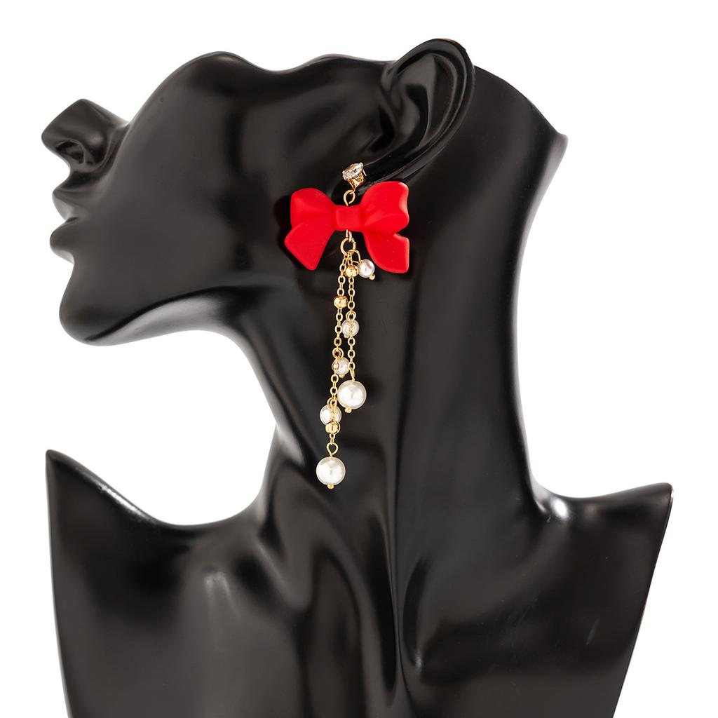 Accessories Sweet Cool New Year Red Bow Stud Earrings Temperament Imitation Pearl Fringed Earrings