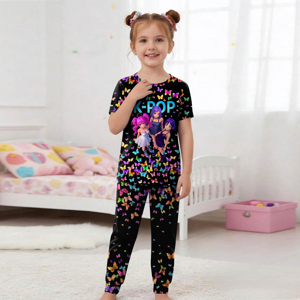 Kids Fashion Outfit Set Round Neck Short Sleeve Top and Pants Printed Design Comfortable Fit Suitable for Daily Wear and Playtime