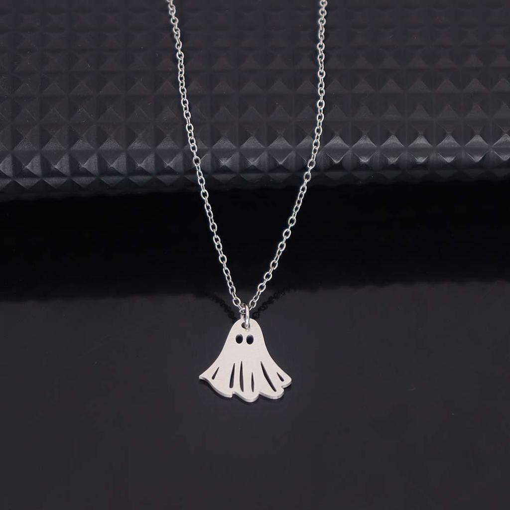 Stainless Steel Halloween Ghost Pendant Necklace - Cute Cartoon Clavicle Chain Jewelry Accessory