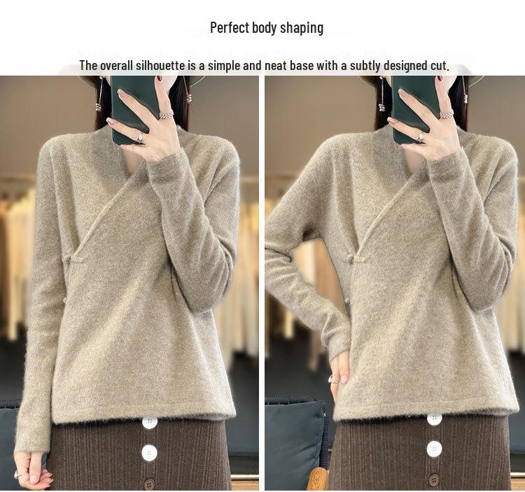 100% Pure Wool Women's Cross-Button Sweater - Trendy Autumn/Winter Base Layer Cashmere