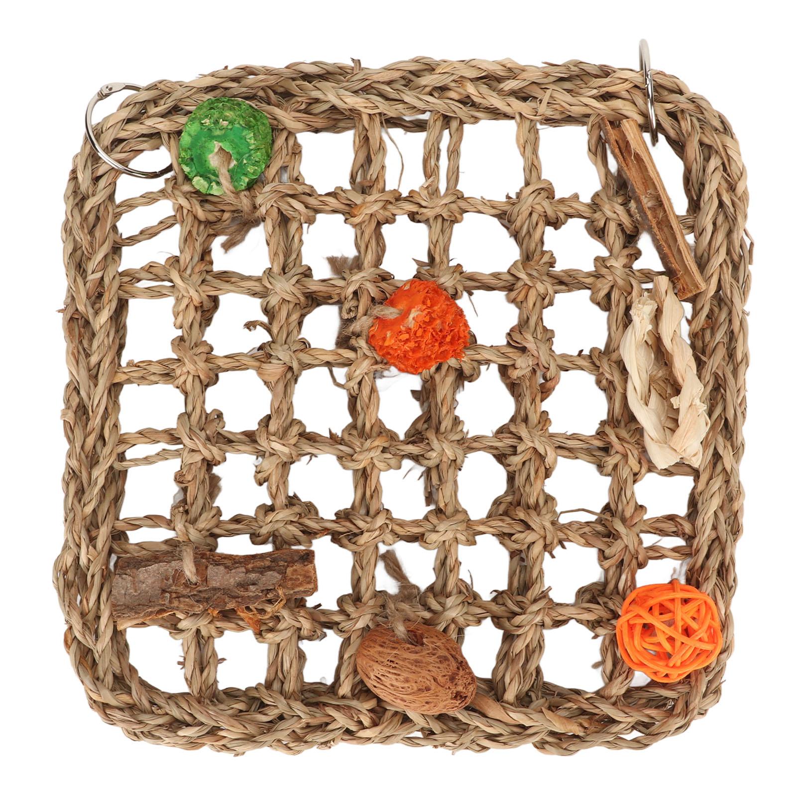 

Bird Foraging Wall Toy Boredom Relief Seagrass Hand Woven Climbing Net with Colorful Chewing Toy