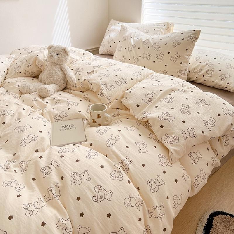 Class A Maternal Infant Grade Washed Cotton Linen 4-Pcs Set Double-Layer Yarn Quilt Cover Dormitory Bed Sheet 3-Pcs Set Household Bedding