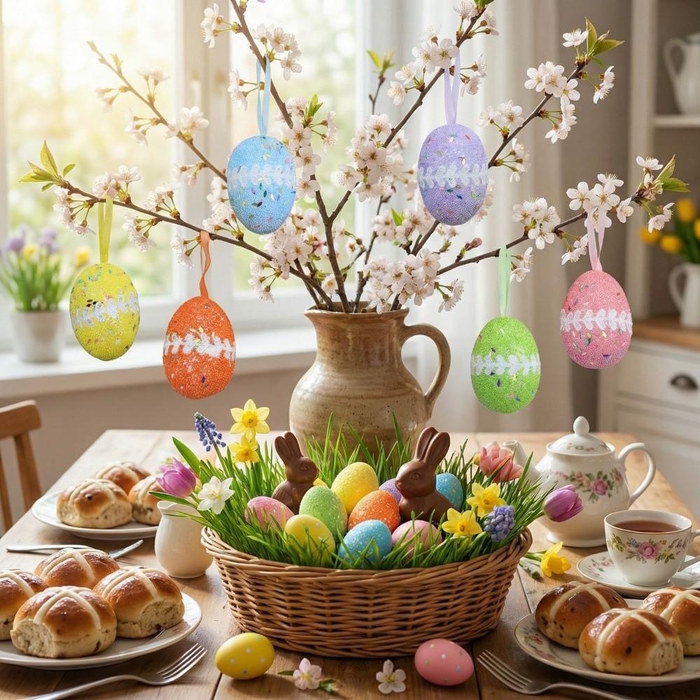 6Pcs DIY Craft Fake Easter Eggs Colorful Eggs Hanging Ornaments  Easter Party