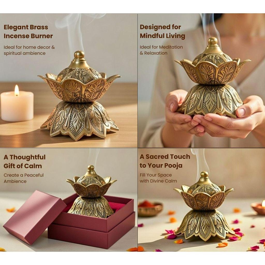 DSH Flower Design Dhoop Dani Brass Dhuna Loban Burner Round Dhooni