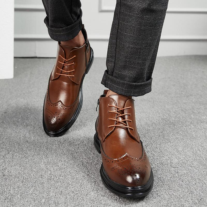 Men Black Ankle Boots Motorcycle Casual Brown Brogues Waterproof Men’s Street Style Boots Wingtip Dress Formal Leather Boots