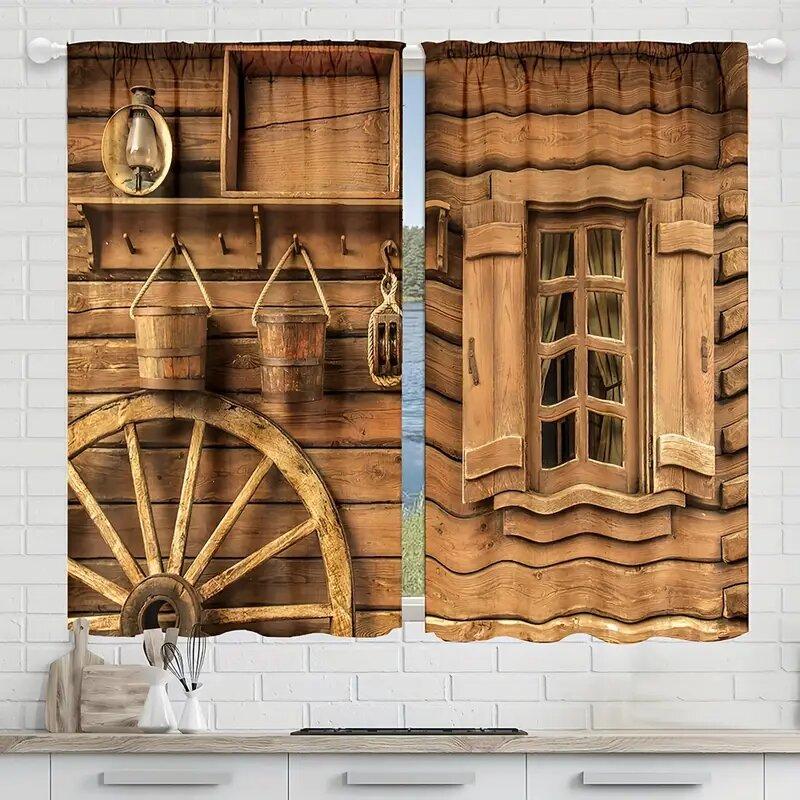 2 pièces - Rideaux imprimés motif porte de grange maison en bois rétro, décorations de fenêtre, décorations de maison, décorations de pièce