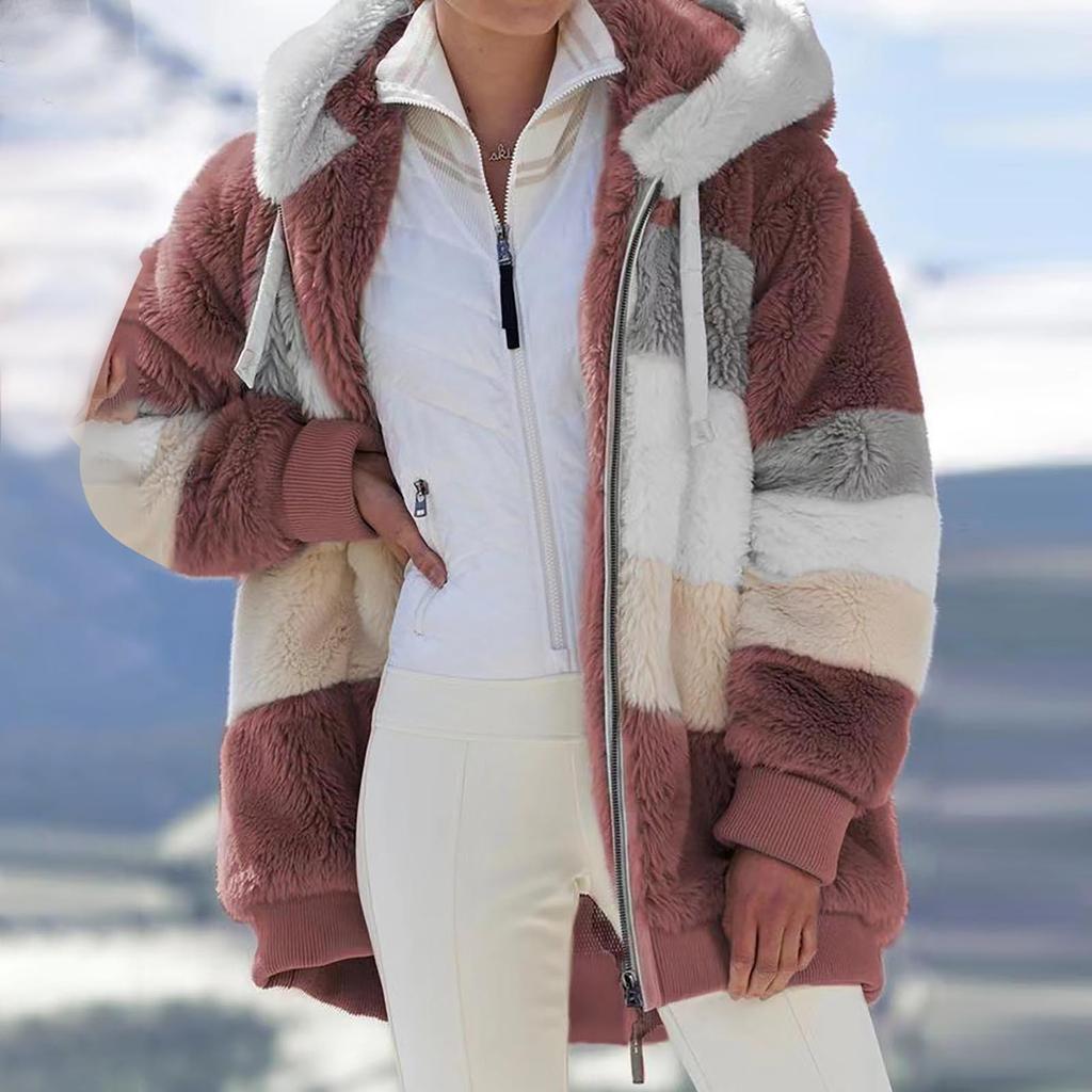 Womens Fashion Splicing Winter Loose Plush Long Sleeve Zipper Pocket Hooded Coat