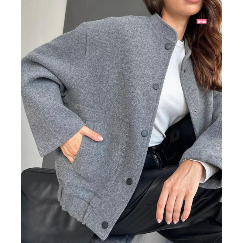 Women Casual Loose Long Sleeve Stand Collar Woolen Jacket Coat With Buttons Pockets