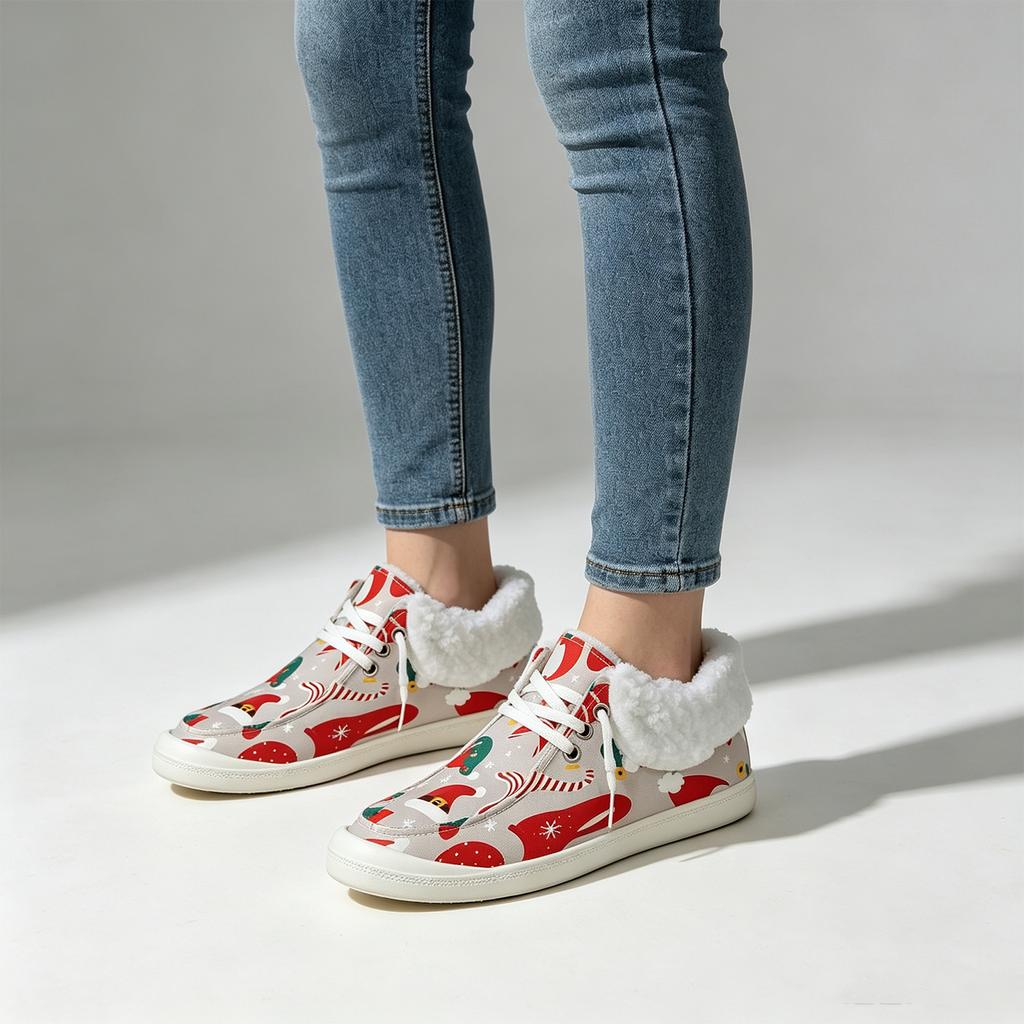 Damen Weihnachts-Print Flache Freizeitschuhe, -gefütterte Warme Baumwoll-Hausschuhe für den Winter
