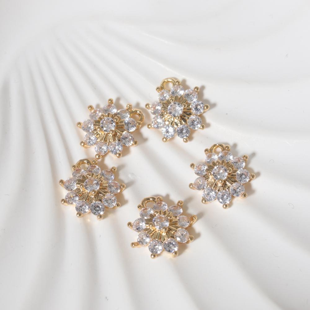 Pink Zirconia Flower Copper Charms, Golden Plated DIY Jewelry Pendants for Earring Necklace Craft