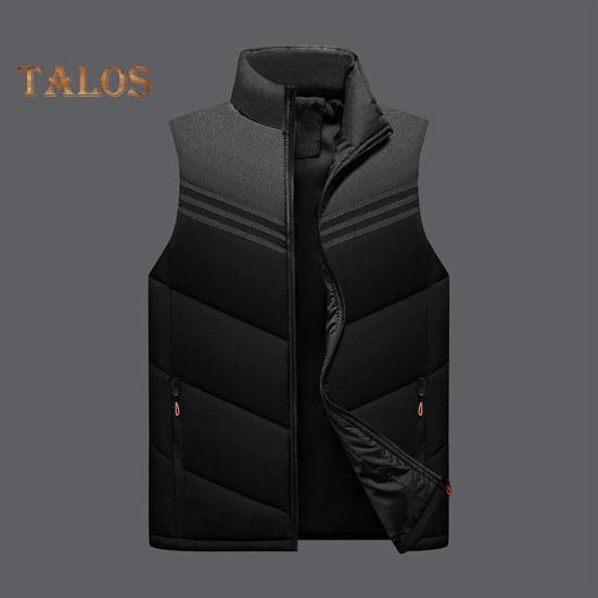 Męska bawełniana kamizelka ze stójką, bez rękawów, zapinana na suwak, z kieszeniami, kolorowy wzór w paski, gruba termiczna ocieplana kamizelka