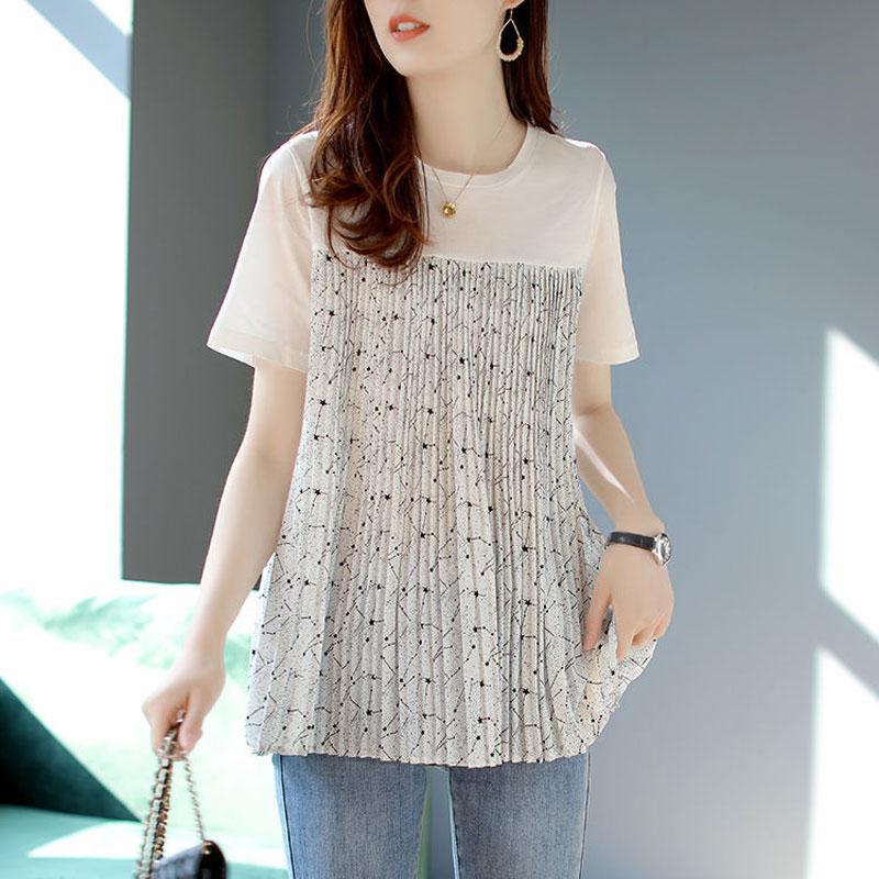 Fashion Pleated Patchwork Pullovers Female Clothing Casual All-match Loose Summer New Korean Short Sleeve O-Neck T-shirt