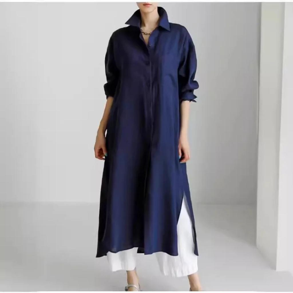 Spring and Summer Cotton and Linen Shirt Skirt Loose Irregular Shirt Cardigan Long Dress