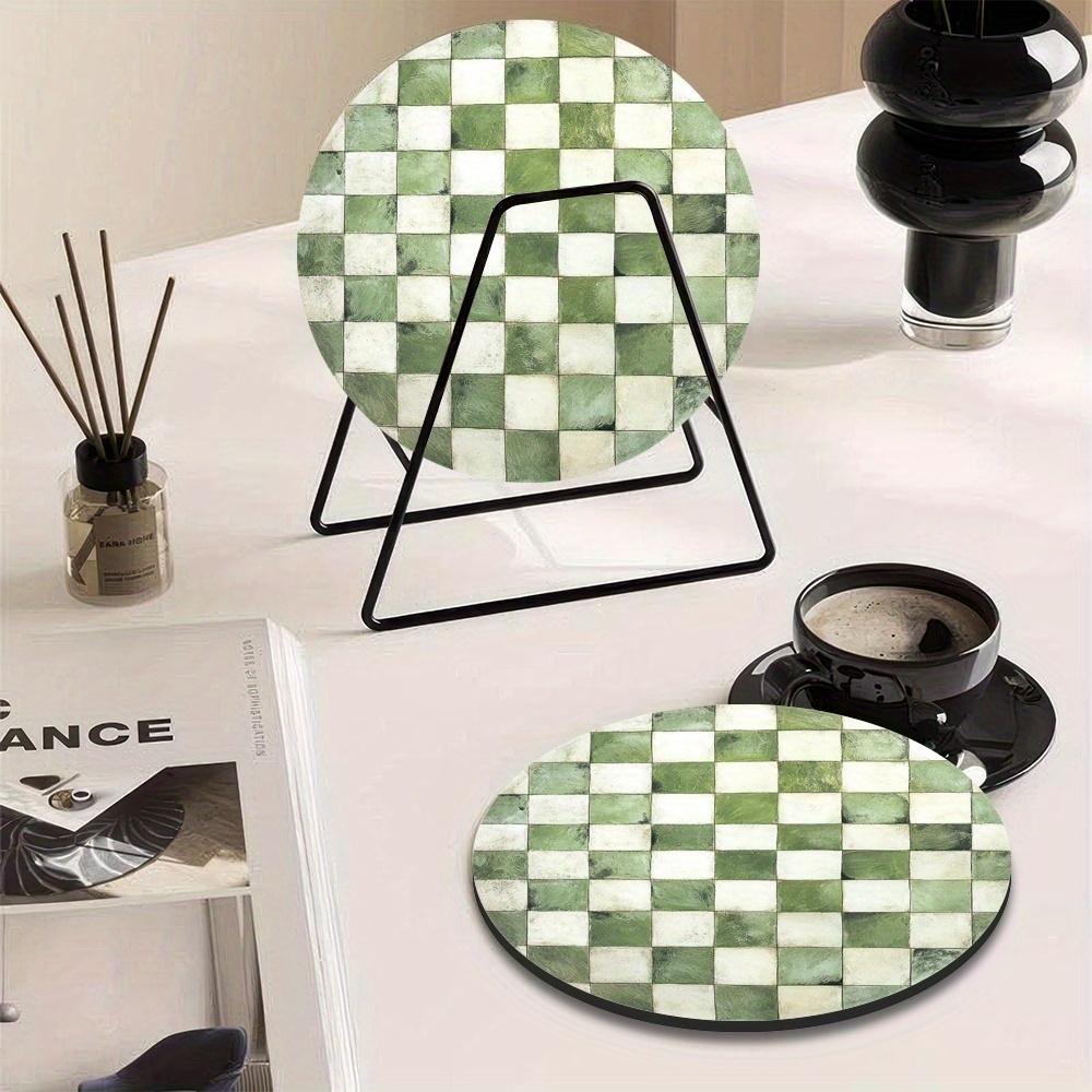 6 Pcs/Set Round Lampwood Coasters Classic Green Mosaic Cork Inserts Nature Inspired Decorative Tripod Coasters for Home