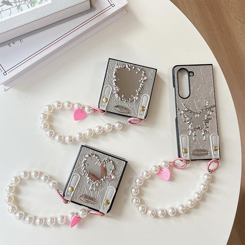 For Samsung Zflip6 Folding Screen Flip Fold7 Bracelet for Huawei Pocket2 Leather Love Mirror Mobile Phone Case