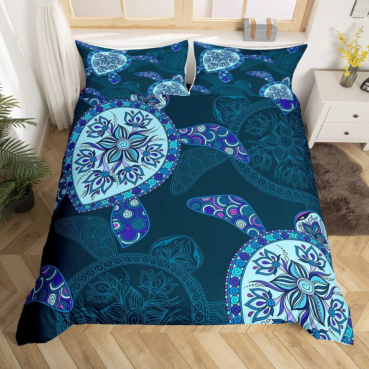 

3D Sea Turtle Print Duvet Cover Set Luxury Microfiber Comforter Bedding With 2 Pillow Shams - Gorgeous Sea Animal Theme 90X200cm