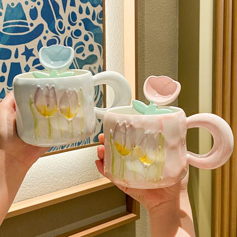 Baifenbai Home Furnishing White Ins Cute Tulip Mug Design Sense Ceramic Water Cup Souvenir Event Gift Office Coffee Cup