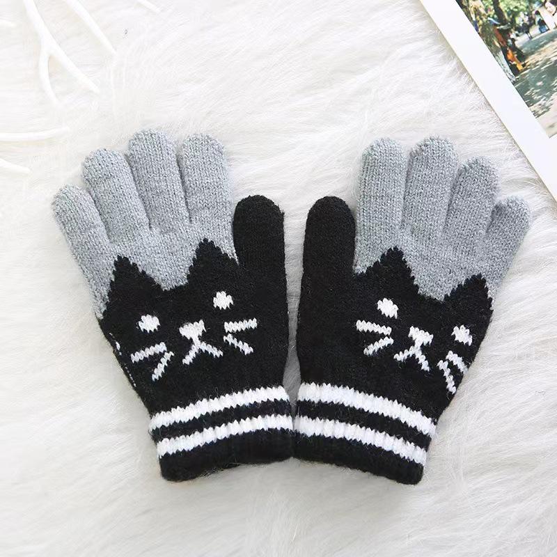 Kids' Winter Fleece-lined Cold-proof Gloves for Elementary Students – Boys' and Girls' Kitten Jacquard Design