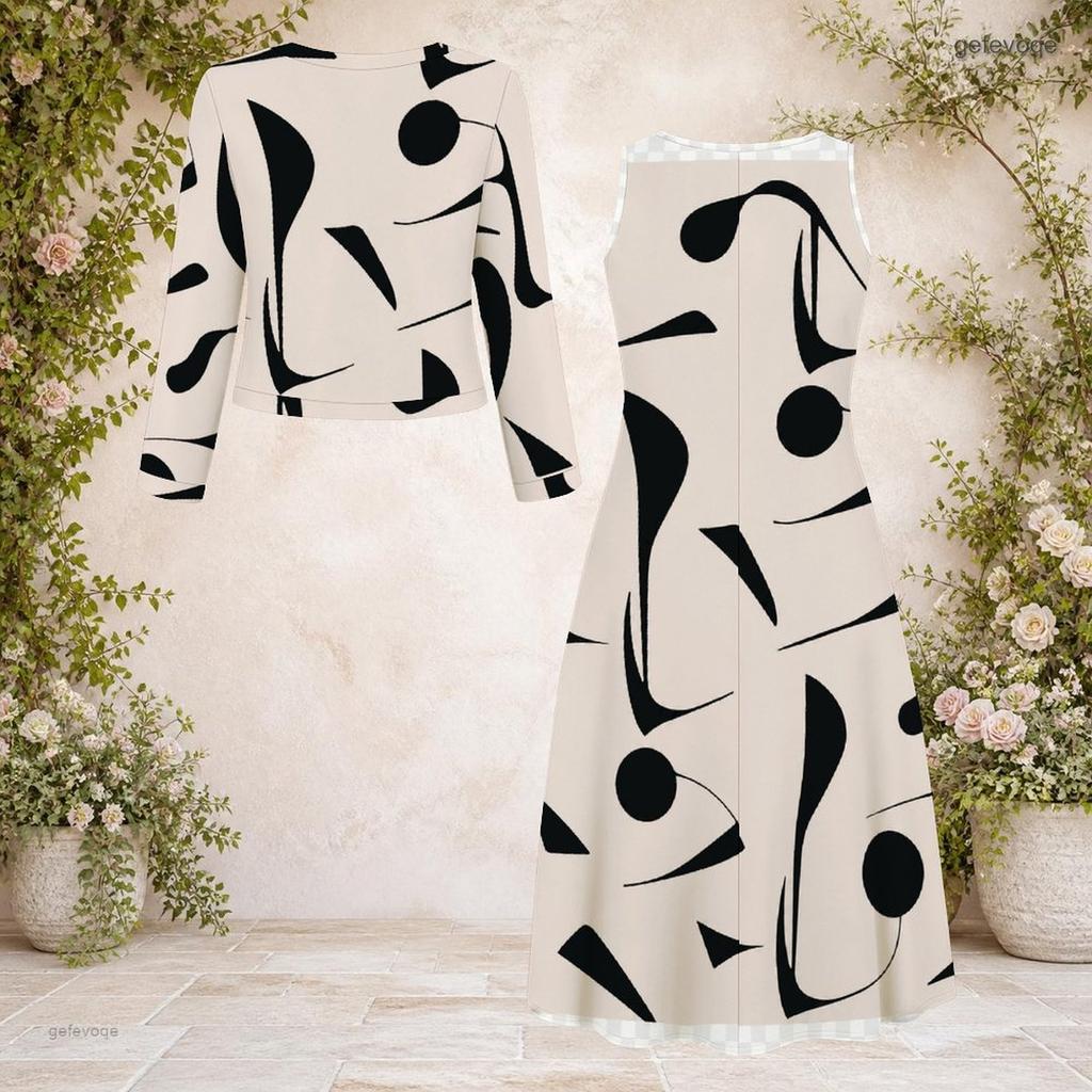 Women Plus Size Beige Black Printed Two Piece Set Round Neck Long Sleeve Cropped Cardigan Sleeveless Midi Dress