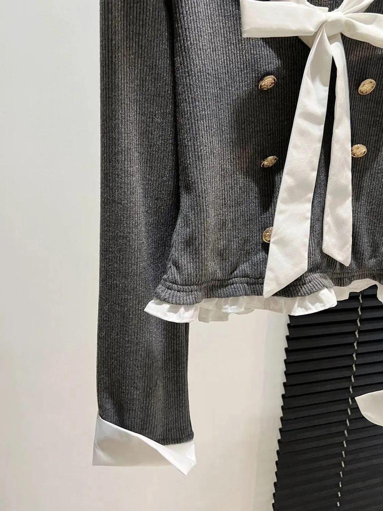 Zweiteiliges College-Stil Faux Longsleeve Oberteil mit Schleife für Damen – Slim Fit, Herbstmode Oberbekleidung