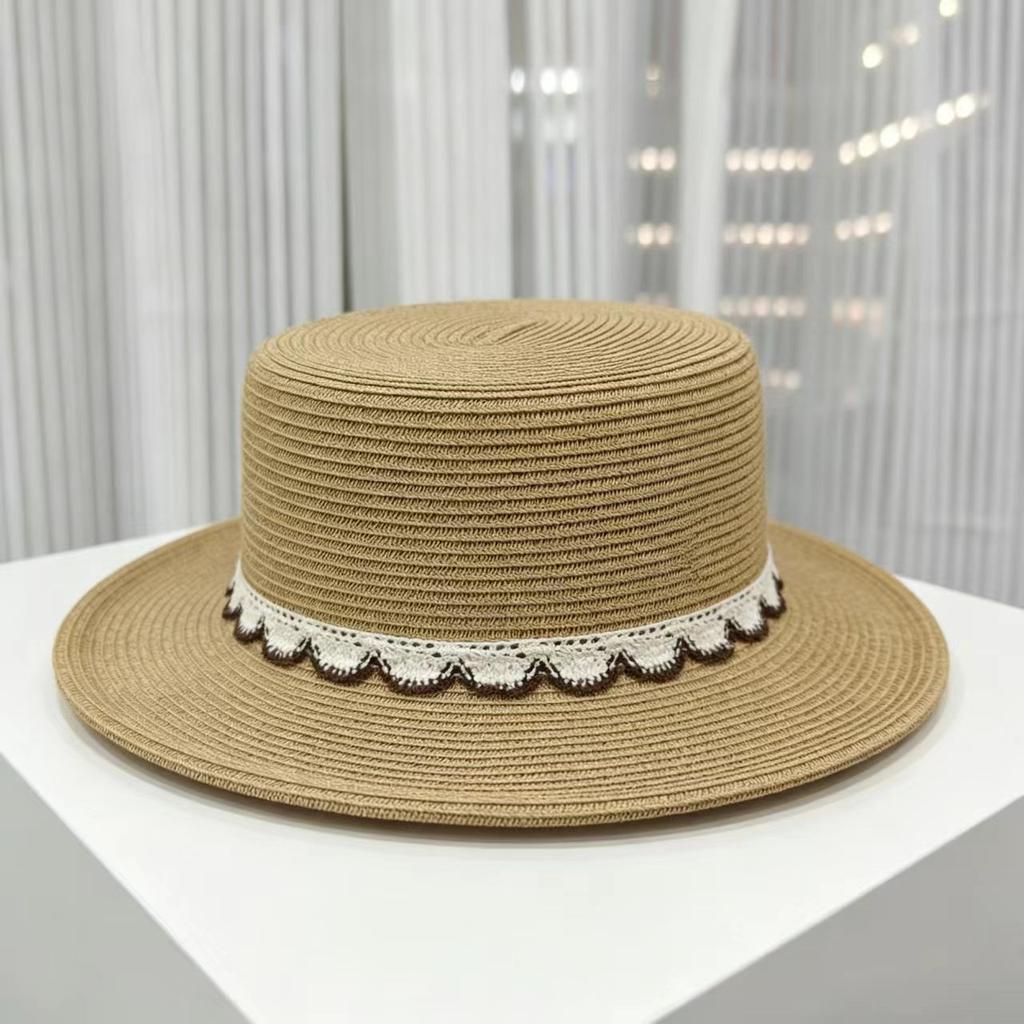 Xiaoxiangfeng Lace Ribbon Flat Top Hat Women's Summer Sun Protection Straw Hat Seaside Vacation Visor Beach Hat Tide Top Hat