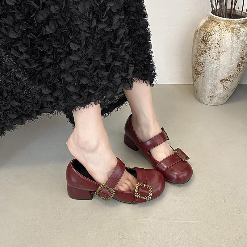 Fashion Round Toe Shallow Mouth Non-slip Wear-resistant Low-top Single Shoes Metal Buckle High Heels