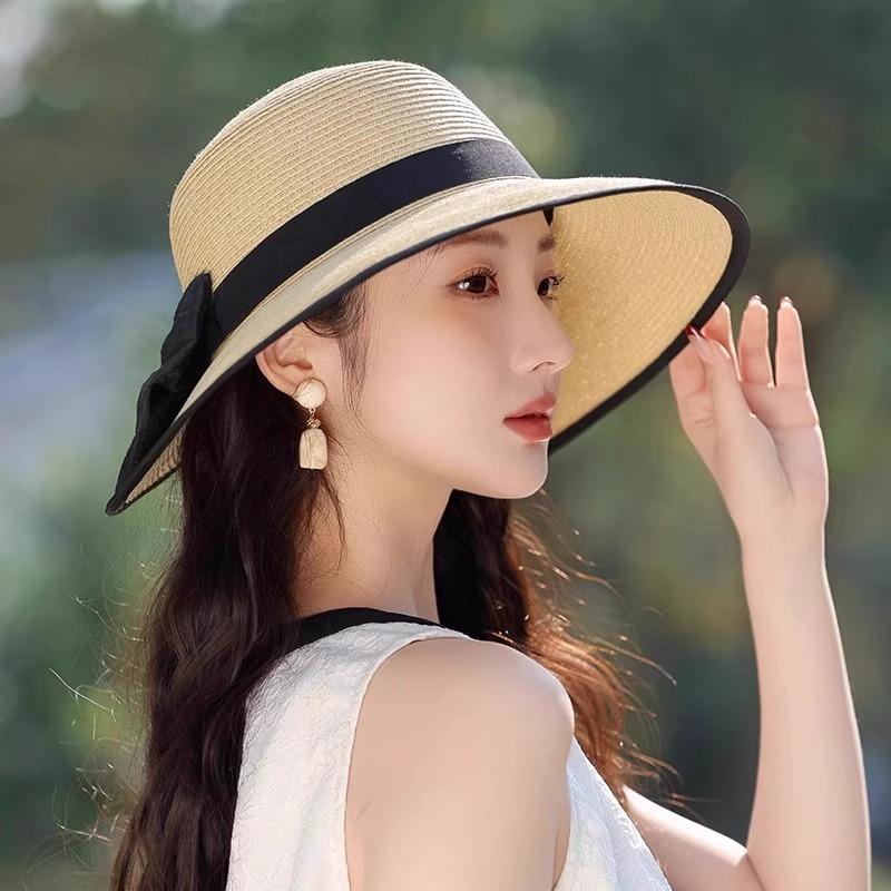 Straw hat women's new sun hat beach hat bow summer eaves UV protection sun hat