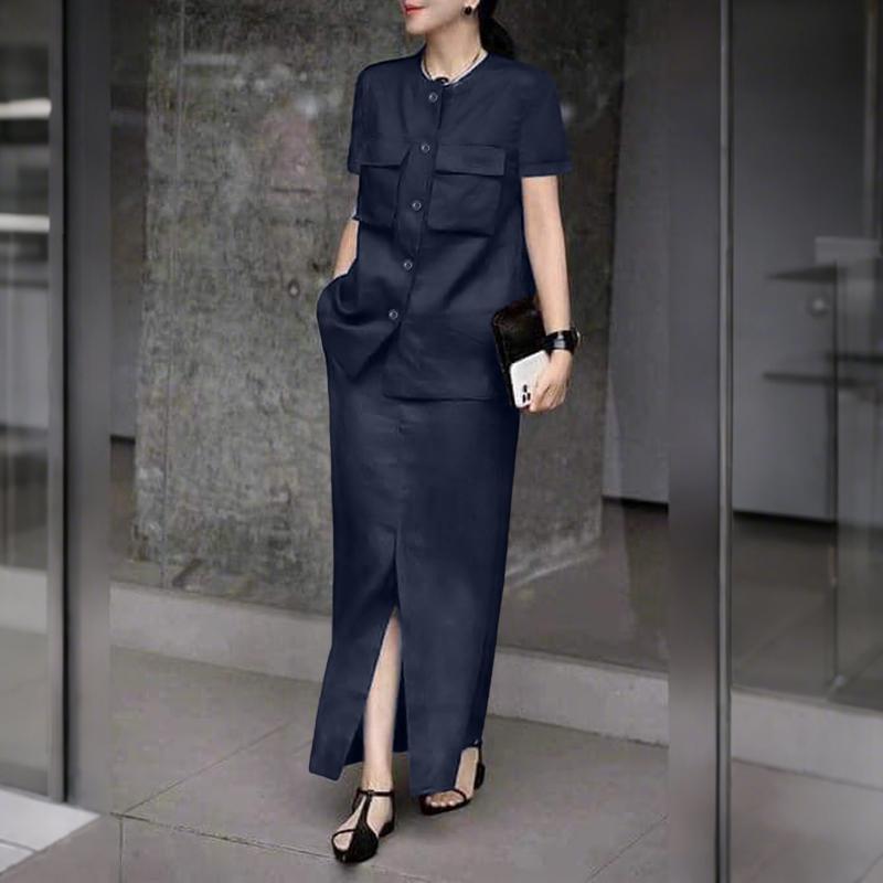 

ZANZEA Женские блузки с коротким рукавом и юбки Летние комплекты из двух частей M темно-синий