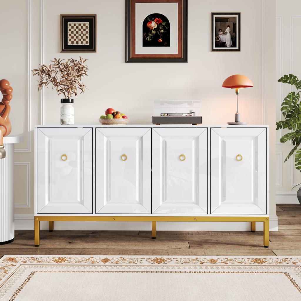 Sideboard, High-Gloss Storage Unit, Gold Handles and Legs, with Shelves. 140×80×40cm