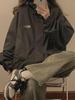 Women's Black Hooded Jacket - Spring & Autumn College Style, Loose Fit Retro Workwear.