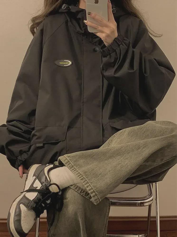 Women's Black Hooded Jacket - Spring & Autumn College Style, Loose Fit Retro Workwear.