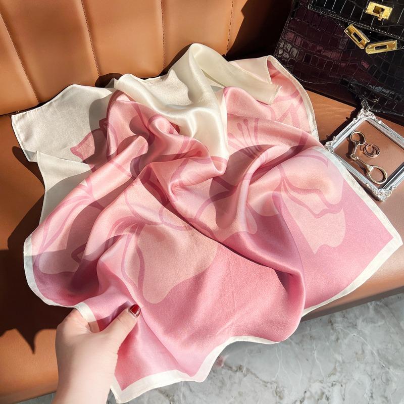Spring new 100 mulberry silk crepe satin silk scarf women's fashion sweet wind pink flower square scarf silk scarf gift