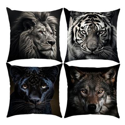 Home Decor Wild Animal Faces: Lion, Tiger, Panther, Wolf Pattern Cushion Cover Suitable For Sofa Bedroom Car Pillow Cover