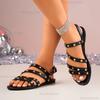 Women Sandals Summer New Flat Round Head Rivet Thin Strap Buckle Shoes Women Casual Comfortable Light Soft Soled Sandals Women