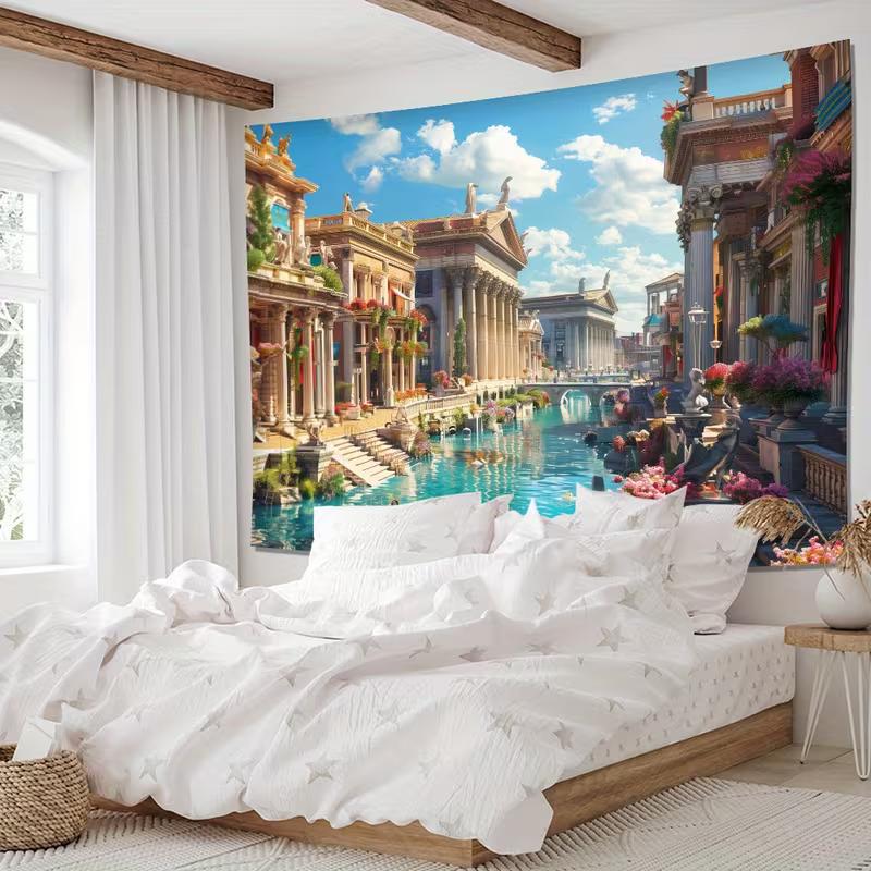 2D Fantasy Venice Style City Tapestry Ancient Roman Architecture with Water Canal Wall Decor Cloth for Home & Bedroom