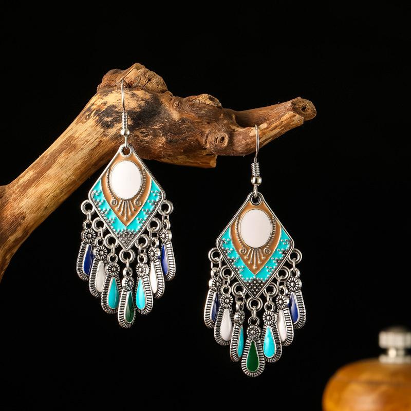 Ethnic Style Drop Oil Rhombus Earrings for Women Vintage Elegant Silver Color Metal Water Drop Earring Female Jewelry