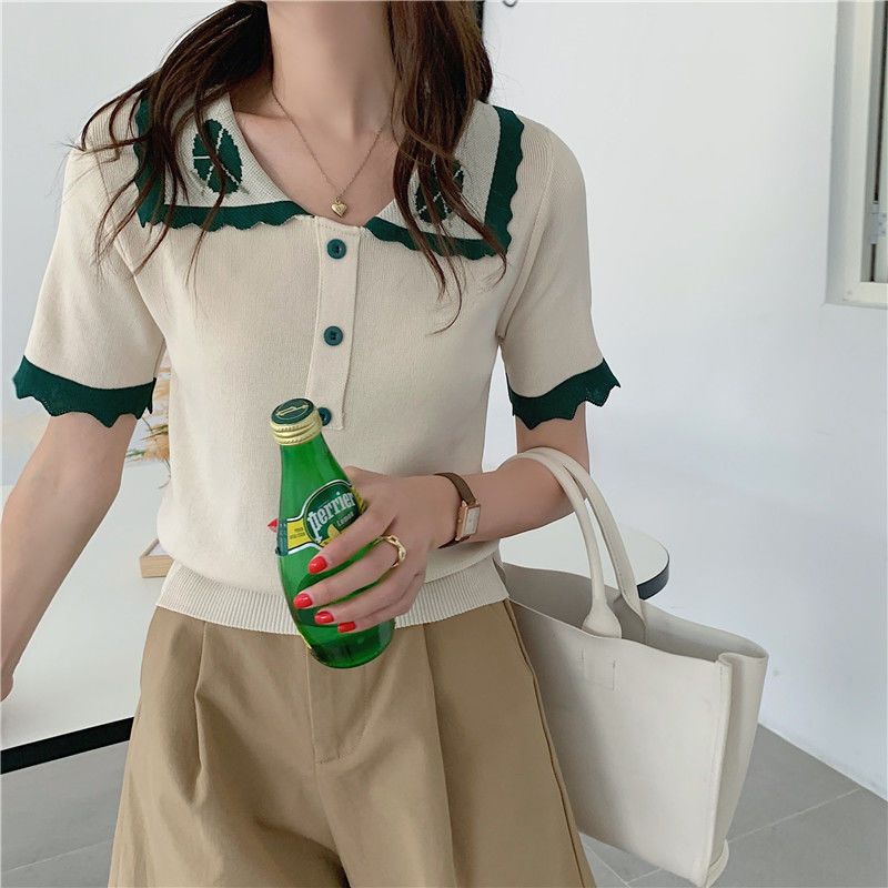 Chic Tops for Women's Summer T-shirt Thin New Trendy Contrasting Color Short Sleeve French Sweet Cool Short Knitted Shirt