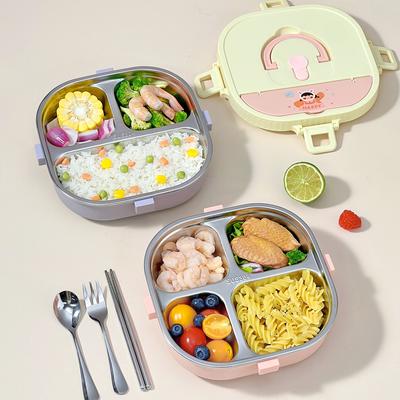 3/4 Grid 304 Stainless Steel Divided Lunch Box With Tableware Kids Student Portable Cute Leak Proof Bento Box Microwave Heatable