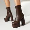 Platform Boots Women's Ankle Block High Heels Boots 14cm Goth Big Size Stretch Leather Shoes