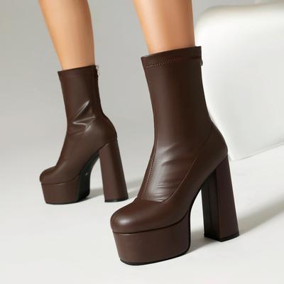 Platform Boots Women's Ankle Block High Heels Boots 14cm Goth Big Size Stretch Leather Shoes