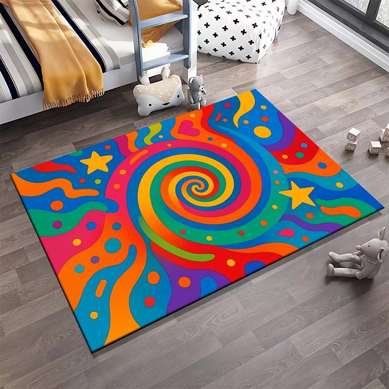 Colorful Spiral Pattern Carpet with Stars, Hearts, and Vibrant Design Suitable for Use As an Anti-slip for Living Room Bedroom Sofas