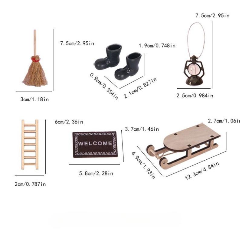 

6pcs DIY Wooden Sled Christmas Home Decor Mini Oil Lamp Floor Mat Broom Rain Boots Model Dollhouse Decoration