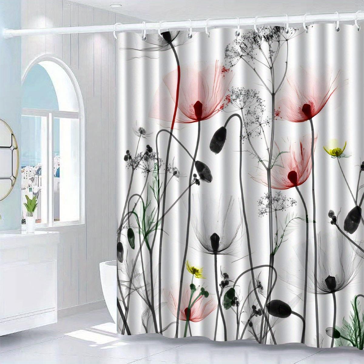 

1 Elegant Floral Shower Curtain - Anti-Fog Polyester Design With Bright Red, Black And Yellow Flowers For Bathroom Decoration W60H190(CM)-1 Pcs
