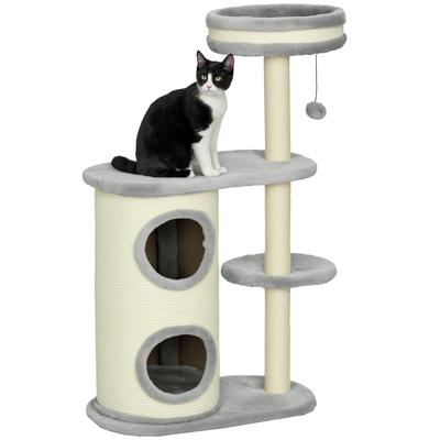 Cat Tree, Sisal Rope Posts, Soft Plush, Multi-Level, Ball Toy, Grey, 59x35x100 Cm