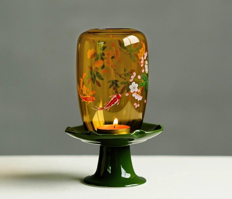 Candle holder Koi playing in the water Chaoyan Forbidden City red ceramic base Chinese Zen ornament Candle holder ambient light