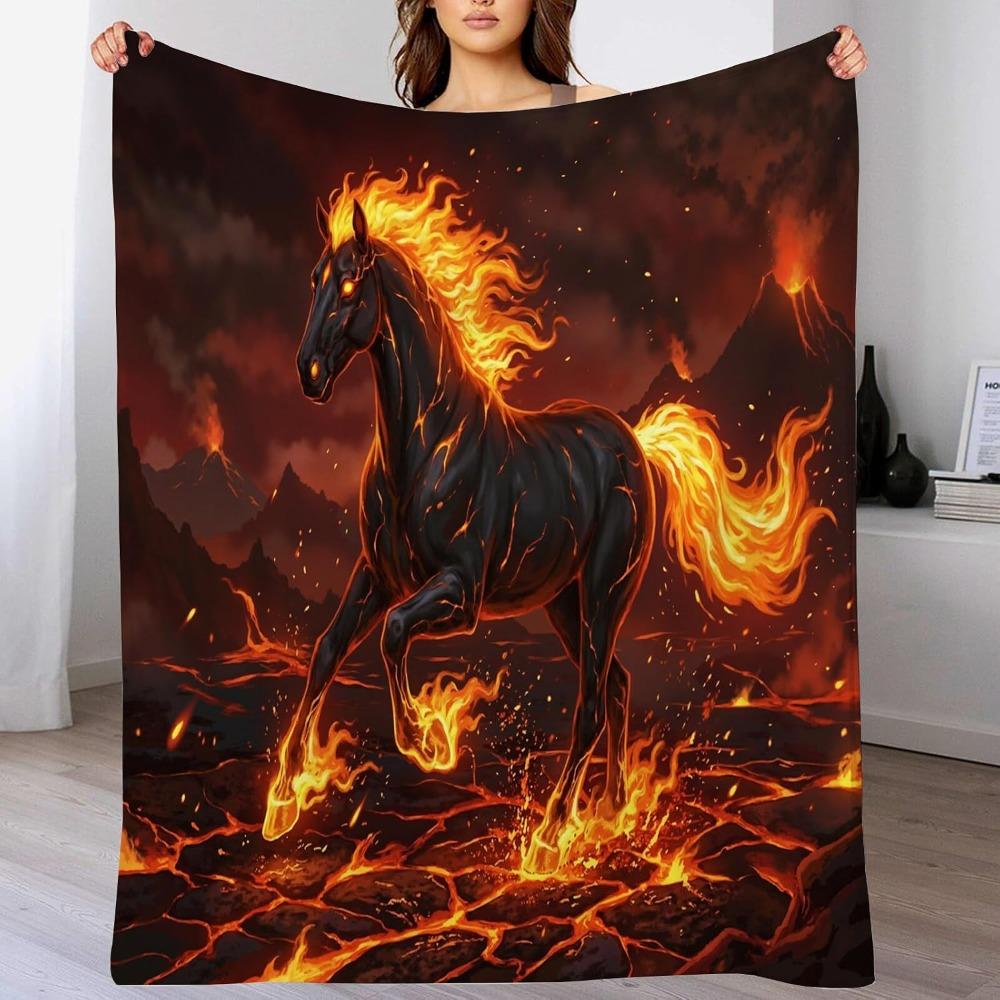 Fire Black Horse Volcano Lava Print Flannel Blanket Fiery Running Horse Magical Animal Blanket Sofa Bedroom Home Decor Gift
