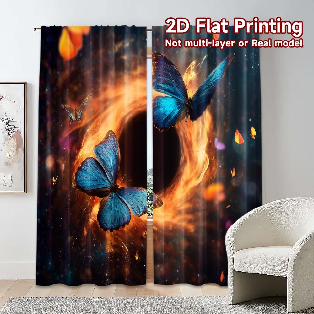 Set Of 2 Modern Flat Printing Curtains Without Rod Celestial Butterflies Durable Polyester Curtain With Light Filtering