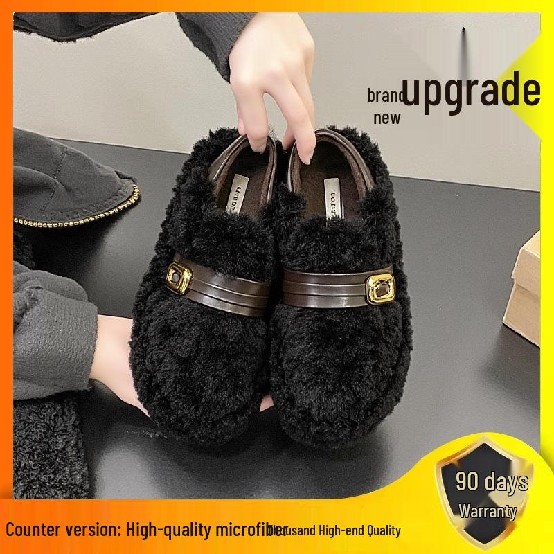 Lambswool Women's Fuzzy Winter Shoes 2025 - Fleece-lined, Thick Sole, Buckle, Warm Maternity Cotton Bean Shoes