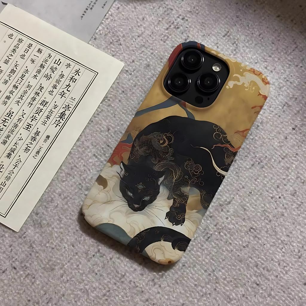 Oriental Style Black Cat with Phone Case for iPhone 17 16 15 14 13 12 11 Air Pro Max X XS XR XSMax 7 8 Plus Glossy Hard PC Cover